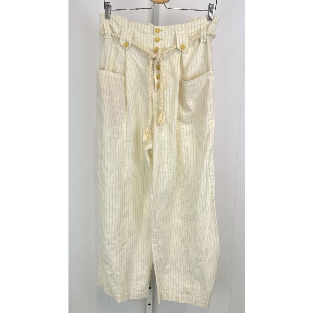 MAEVE Anthropologie Lilianna Striped Wide Leg Belted Pants Linen Blend Cream 6